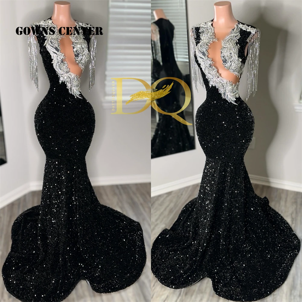 Luxury Tassels Black Velvet Sequin Mermaid Prom Dresses Blackgirls Elegant Dress For Wedding Party Evening Gowns Customized
Luxury Tassels Black Velvet Sequin Mermaid Prom Dresses Blackgirls Elegant Dress For Wedding Party Evening Gowns Customized