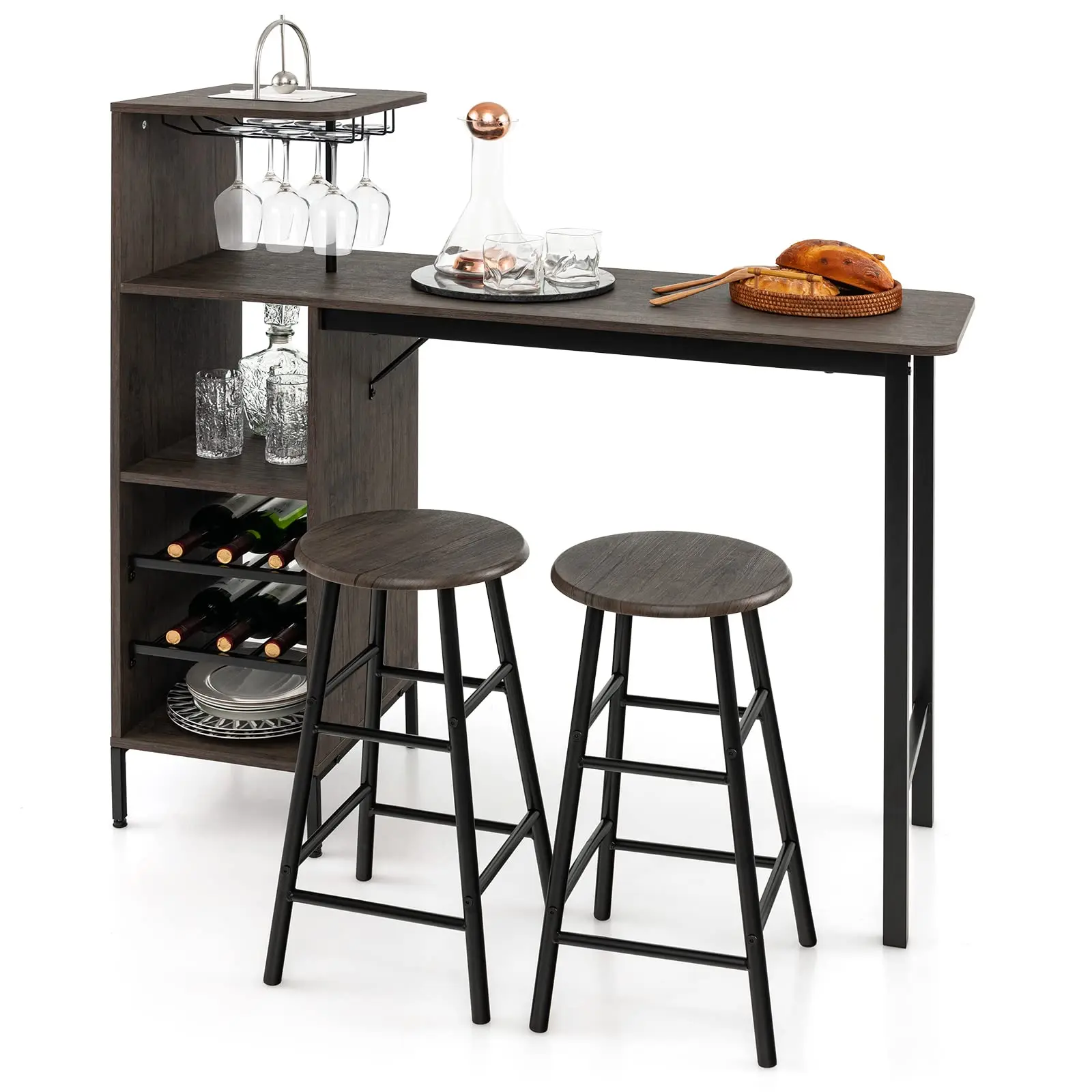 3-Piece Bar Table Set With Wine Rack And Glass Holder Industrial Style Counter Height Dining Table And Stools Brown
3-Piece Bar Table Set With Wine Rack And Glass Holder Industrial Style Counter Height Dining Table And Stools Brown