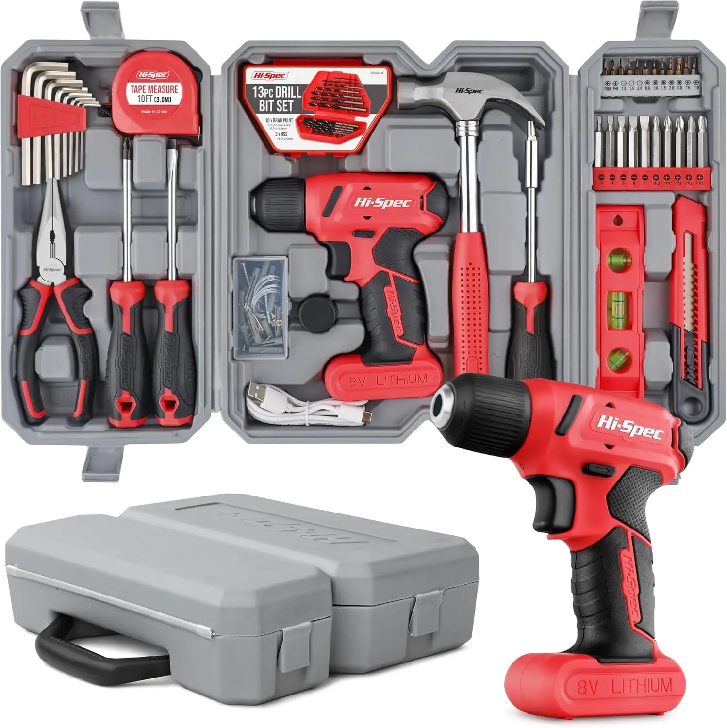 58pc Cordless Drill & Home DIY Tool Kit Set with USB Rechargeable Battery, Screwdriver Bits, Pliers, Hammer in Portable Case
58pc Cordless Drill & Home DIY Tool Kit Set with USB Rechargeable Battery, Screwdriver Bits, Pliers, Hammer in Portable Case