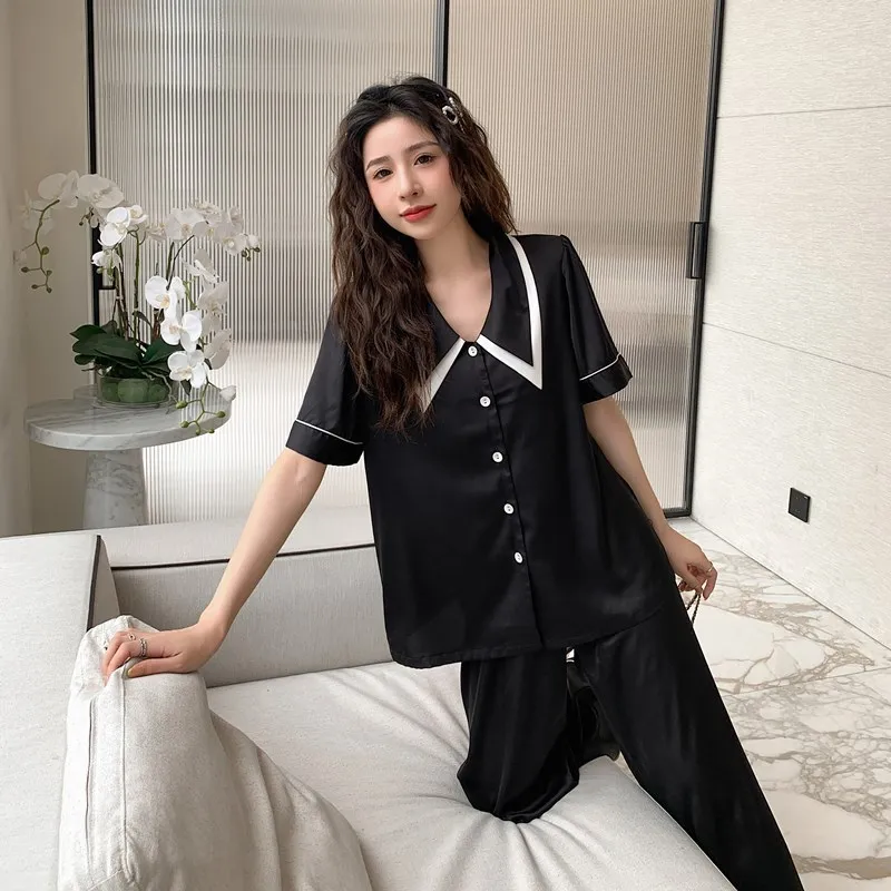Spring Sexy Ice Silk Princess Collar Short Sleeve Shirt Pants Women Black Satin Pajama Two-Piece Homewear Nightwear
Spring Sexy Ice Silk Princess Collar Short Sleeve Shirt Pants Women Black Satin Pajama Two-Piece Homewear Nightwear