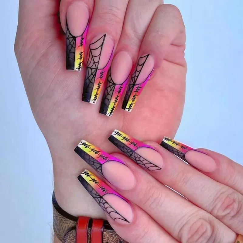 3D fake nails for halloween accessories long french coffin tips gradient rainbow sipder web faux ongles press on false nail set
3D fake nails for halloween accessories long french coffin tips gradient rainbow sipder web faux ongles press on false nail set