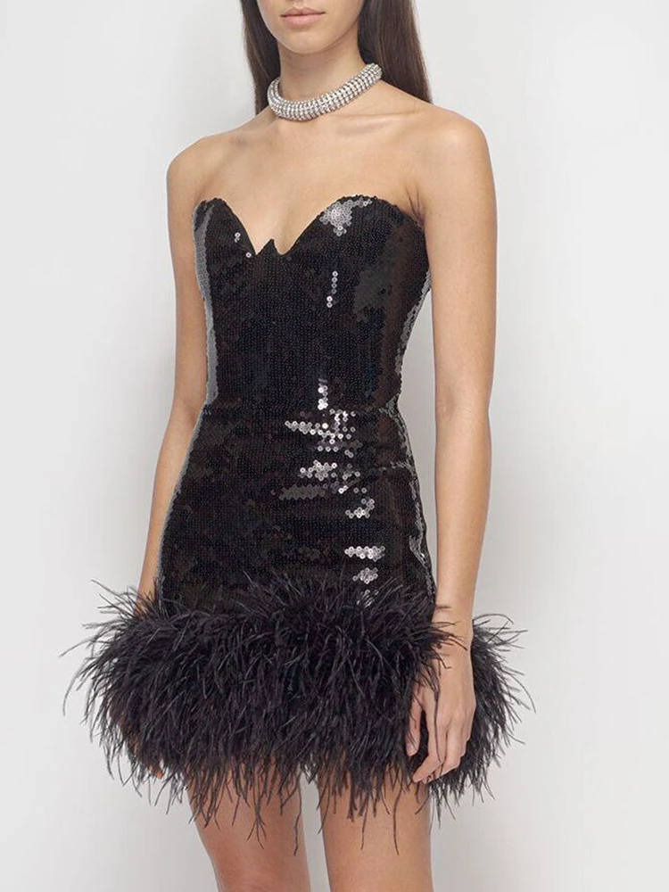 2023 Summer Women's Black Fashion Sequin Feather Strapless Sexy Mini Tight Mini Dress Elegant Celebrity Party Dress
2023 Summer Women's Black Fashion Sequin Feather Strapless Sexy Mini Tight Mini Dress Elegant Celebrity Party Dress