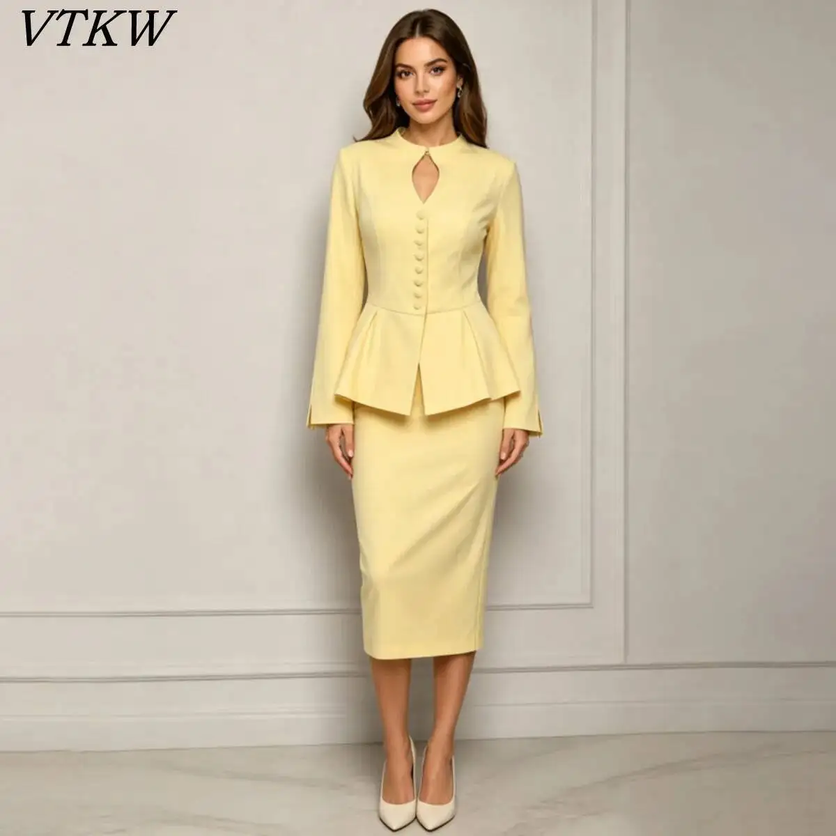 VTKW 2026 New Women Two Piece Set Keyhole Neck Peplum Blazer with Midi Skirt Long Sleeve Slim Fit Elegant Formal Office Outfit
VTKW 2026 New Women Two Piece Set Keyhole Neck Peplum Blazer with Midi Skirt Long Sleeve Slim Fit Elegant Formal Office Outfit