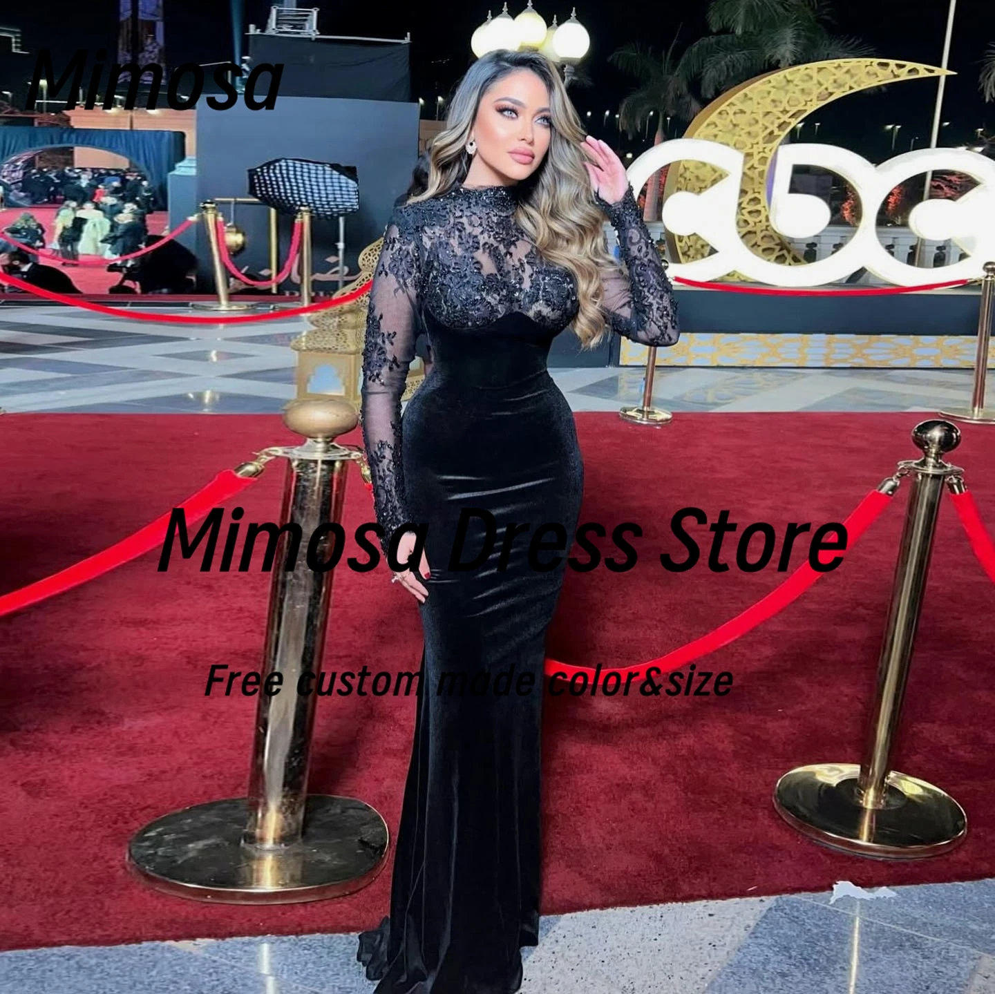 Mimosa Celebrity Women Red Carpet Dress High Collar Lace Long Sleeves Prom Dresses Black Velour Evening Party Gowns Customized
Mimosa Celebrity Women Red Carpet Dress High Collar Lace Long Sleeves Prom Dresses Black Velour Evening Party Gowns Customized