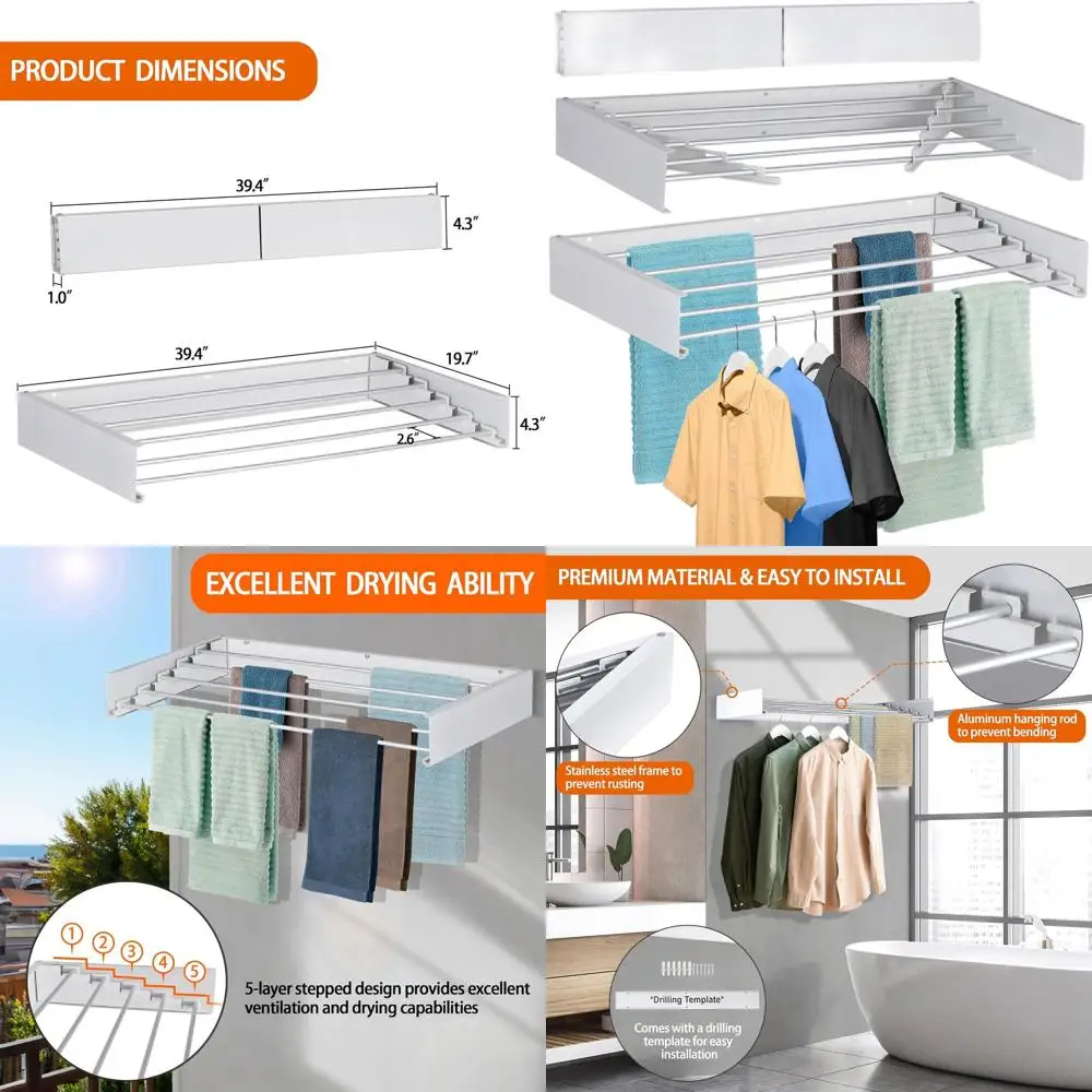 Wall-Mounted Collapsible Laundry Drying Rack with 4 Aluminum Bars, 60 lbs Capacity, White, 40 Length
Wall-Mounted Collapsible Laundry Drying Rack with 4 Aluminum Bars, 60 lbs Capacity, White, 40 Length