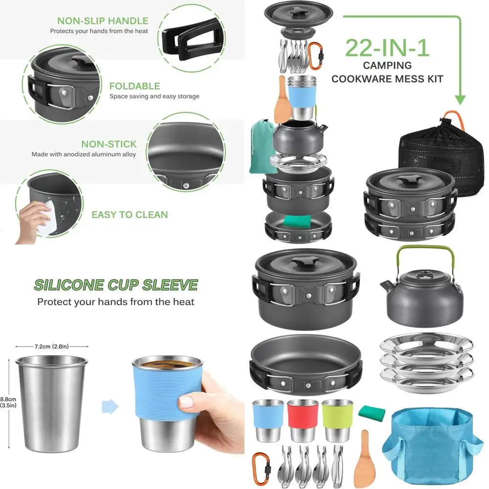 Компактный набор походной посуды с антипригарным покрытием, идеально подходит для пикников, походов, кемпинга, активного отдыха, легко моется.
Компактный набор походной посуды с антипригарным покрытием, идеально подходит для пикников, походов, кемпинга, активного отдыха, легко моется.