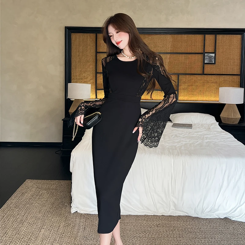 Черное платье с кружевной отделкой, женское элегантное эластичное платье-комбинация миди с длинным рукавом, водолазка на шнуровке и открытой спиной, облегающая вечерние клубная одежда
Черное платье с кружевной отделкой, женское элегантное эластичное платье-комбинация миди с длинным рукавом, водолазка на шнуровке и открытой спиной, облегающая вечерние клубная одежда