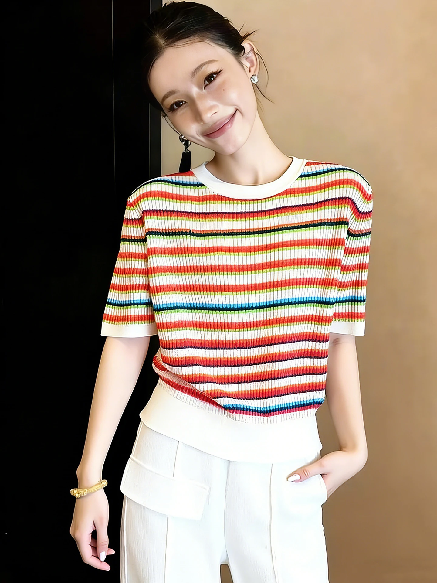 Sweet Fashionable Korean Style Short Sleeve Striped Knitwear Spring Summer Gentlewoman's Top Quality Material round Neck Design
Sweet Fashionable Korean Style Short Sleeve Striped Knitwear Spring Summer Gentlewoman's Top Quality Material round Neck Design