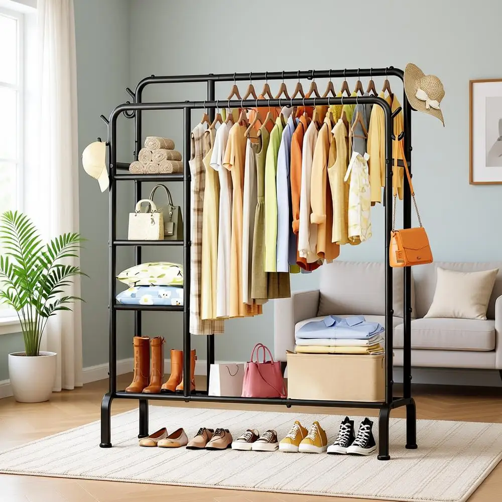 Double Rod Clothing Rack with Hooks & Shelves, Space-Saving Wardrobe for Home, 41.3 x 15.3 x 59.8, Black
Double Rod Clothing Rack with Hooks & Shelves, Space-Saving Wardrobe for Home, 41.3 x 15.3 x 59.8, Black