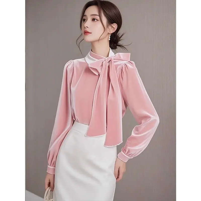 Bow Tie Ribbon Gold Velvet Long-sleeved Shirt for Women Autumn and Winter Solid Color Korean Style Versatile Elegant Top
Bow Tie Ribbon Gold Velvet Long-sleeved Shirt for Women Autumn and Winter Solid Color Korean Style Versatile Elegant Top