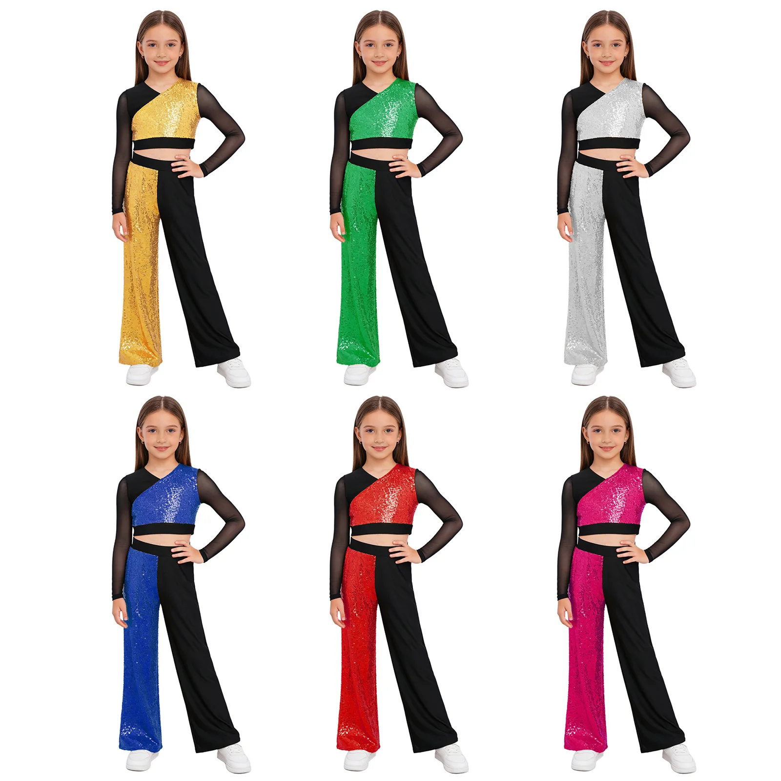 Kids Girls Shiny Sequins Lyrical Ballet Jazz Dance Outfit Long Sleeve V-Neck Cutout Back Crop Top with Elastic Waistband Pants
Kids Girls Shiny Sequins Lyrical Ballet Jazz Dance Outfit Long Sleeve V-Neck Cutout Back Crop Top with Elastic Waistband Pants