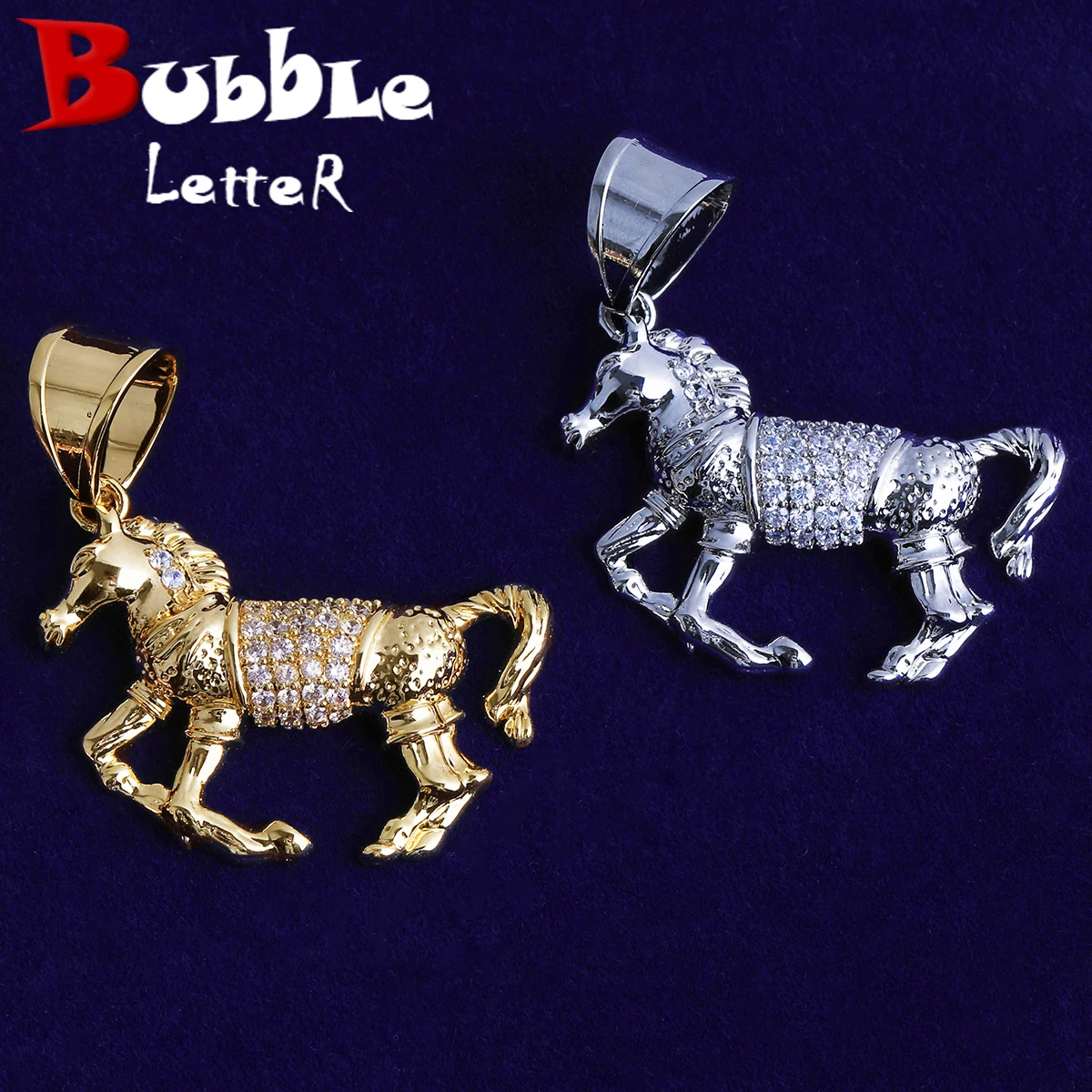 Bubble Letter Iced Out Horse Necklace Pendant for Men Real Gold Plated Cubic Zirconia Hip Hop Jewelry
Bubble Letter Iced Out Horse Necklace Pendant for Men Real Gold Plated Cubic Zirconia Hip Hop Jewelry