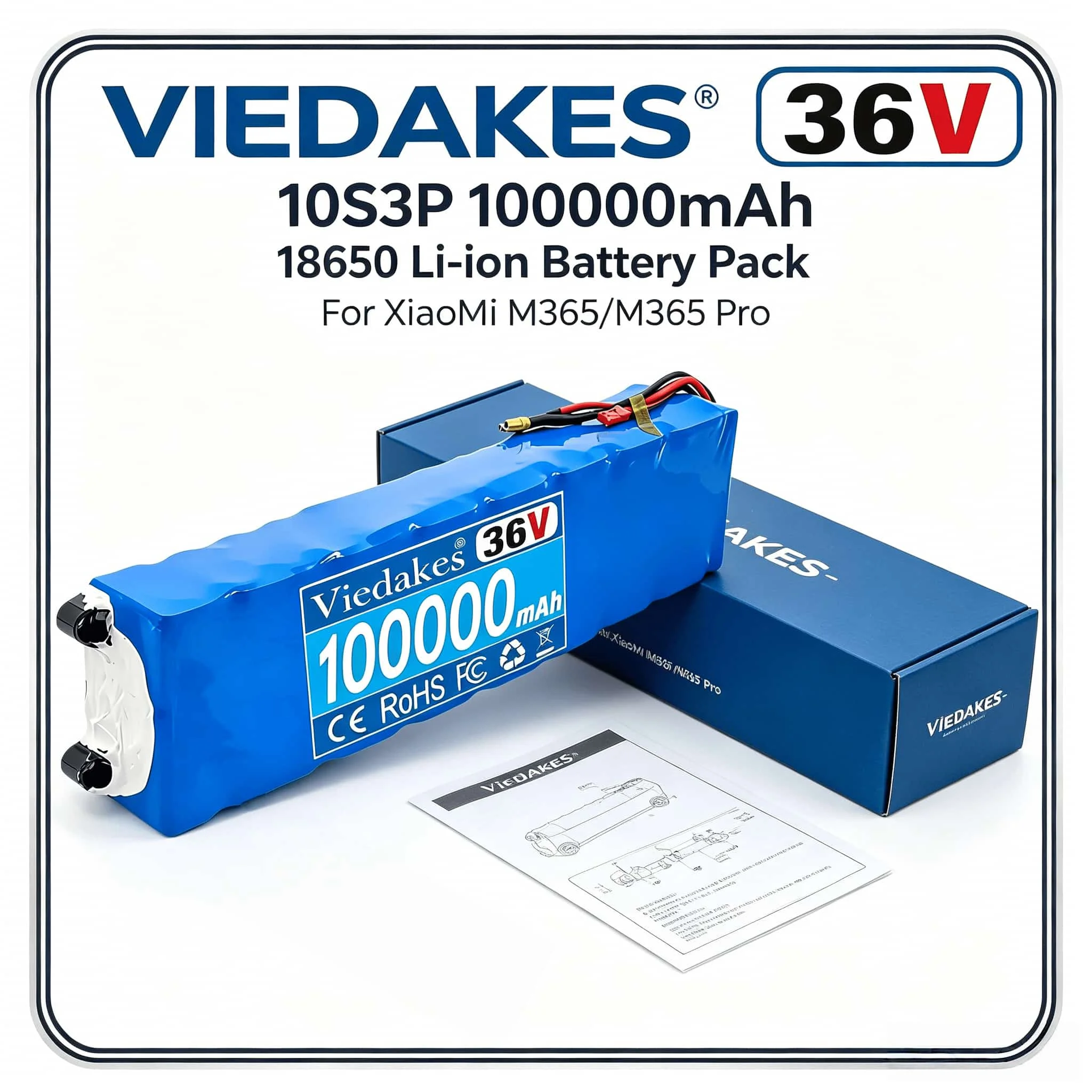VIEDAKES High Power Battery Pack 36V 100000mAh 10S3P 18650, Great Replacement for M365 Series, Customizable Interface
VIEDAKES High Power Battery Pack 36V 100000mAh 10S3P 18650, Great Replacement for M365 Series, Customizable Interface