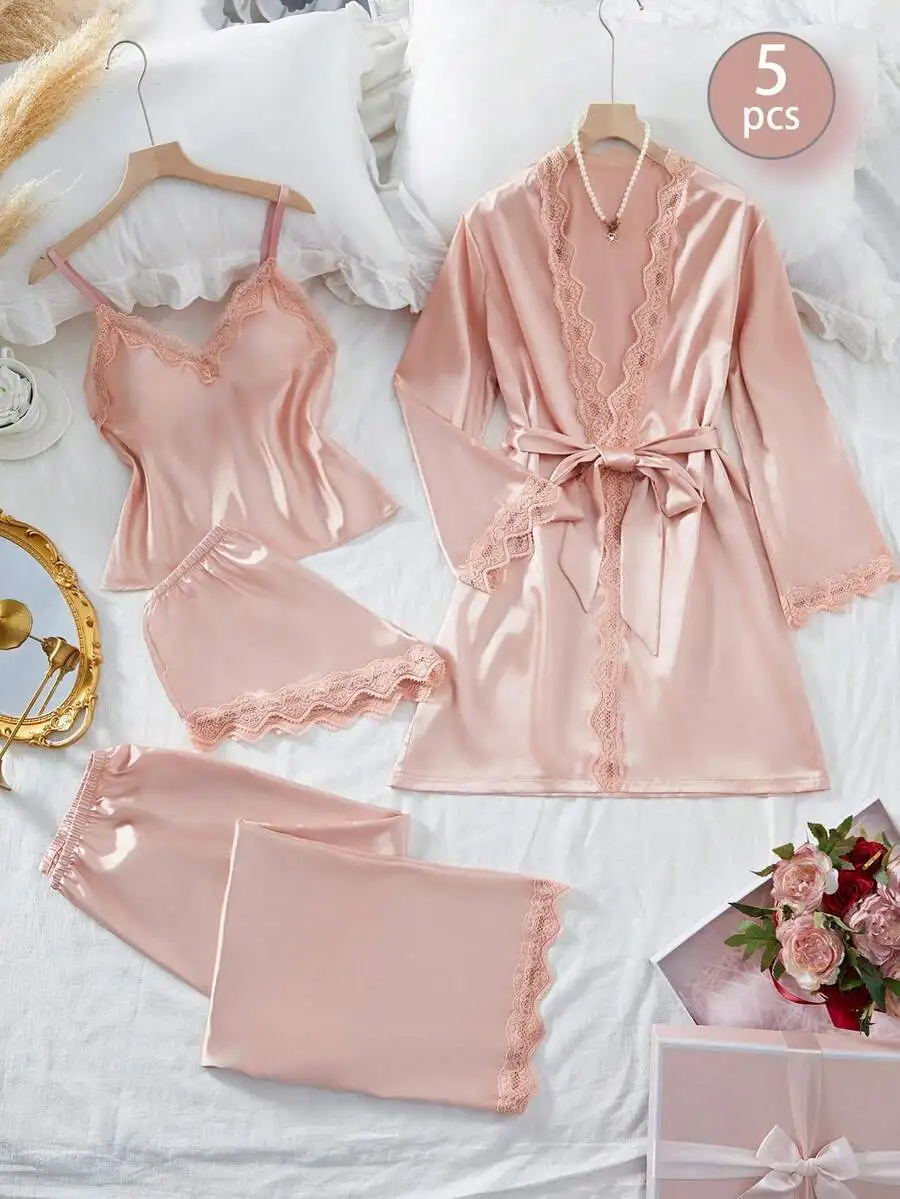 5Pcs Satin Lace Pajama Set With Robe Camisole Shorts Pants And Belt Women Sleepwear Loungewear
5Pcs Satin Lace Pajama Set With Robe Camisole Shorts Pants And Belt Women Sleepwear Loungewear