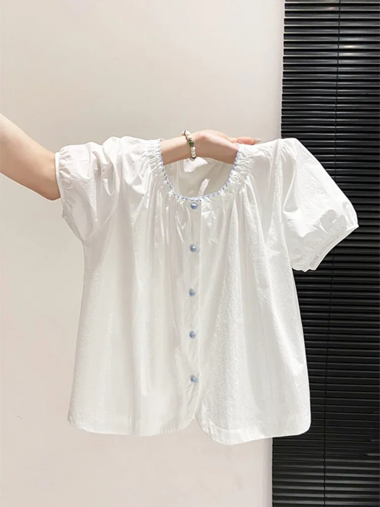 Summer New Style Loose Fit Blue Short Sleeve Women's Shirt Korean Style round Neck Folded Hem Breathable Cotton Blend
Summer New Style Loose Fit Blue Short Sleeve Women's Shirt Korean Style round Neck Folded Hem Breathable Cotton Blend