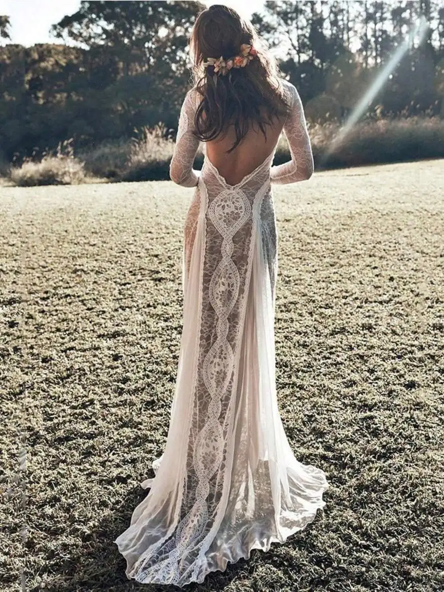 White Lace Long Sleeve Backless Prom Dress V-Neck Floor-Length
White Lace Long Sleeve Backless Prom Dress V-Neck Floor-Length