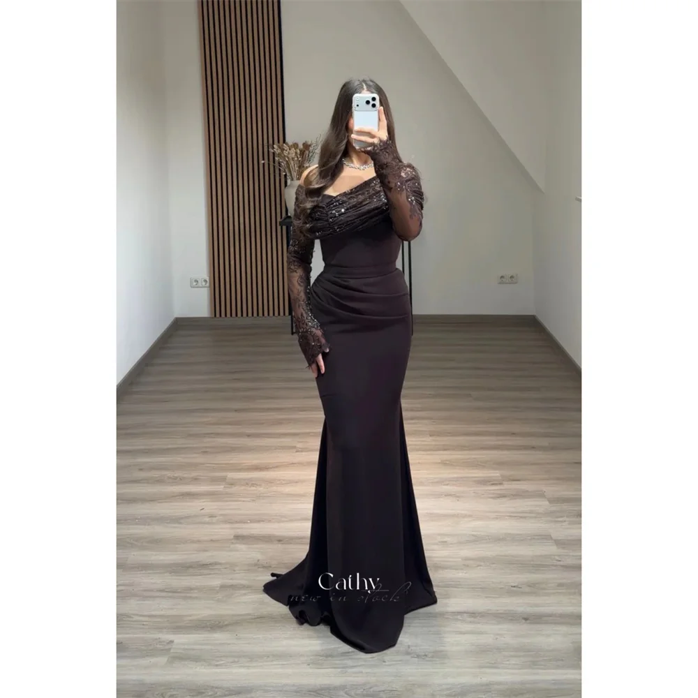 Cathy Customized Chocolate Brown Lace Off the Shoulder Prom Dress Mermaid Long Sleeve vestidos de noiva Floor-length Formal 2025
Cathy Customized Chocolate Brown Lace Off the Shoulder Prom Dress Mermaid Long Sleeve vestidos de noiva Floor-length Formal 2025