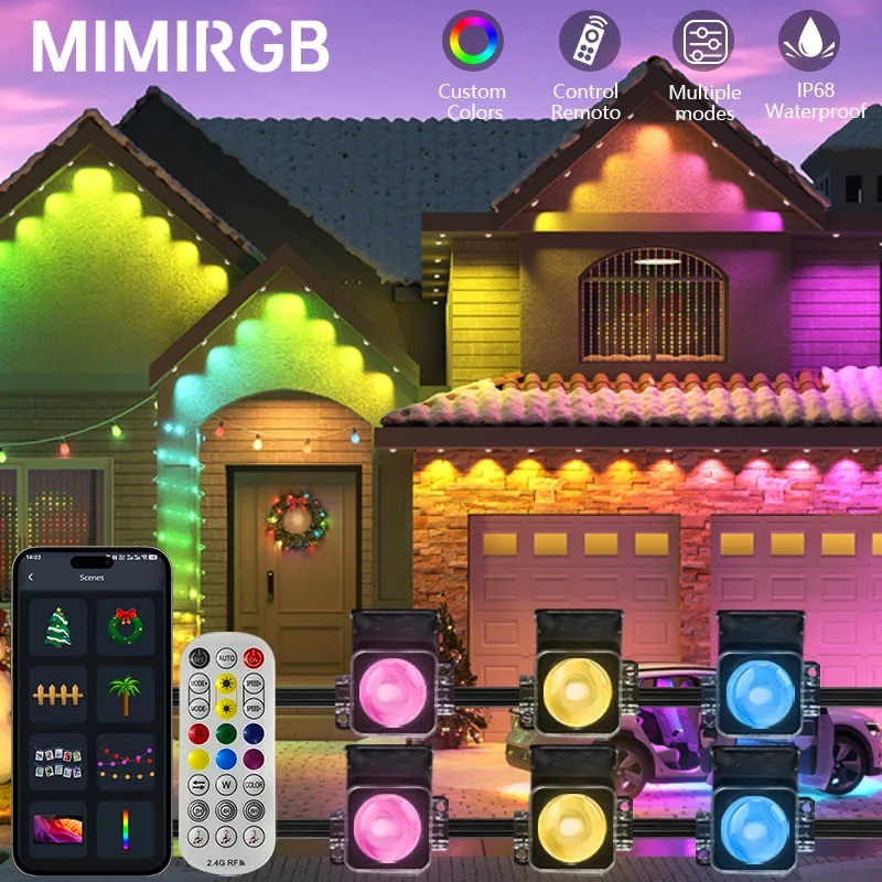MIMIRGB 200FT Smart LED Outdoor Light RGB Colorful Outdoor Light Scene Modes IP67 Waterproof Eave Light Suitable for Festivals
MIMIRGB 200FT Smart LED Outdoor Light RGB Colorful Outdoor Light Scene Modes IP67 Waterproof Eave Light Suitable for Festivals