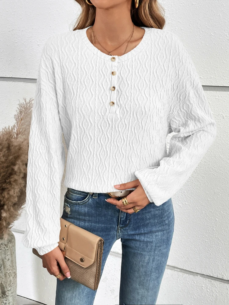 2024 European and American New Women Clothing Texture Pattern Solid Long Sleeved Tops Round Neck Casual T-shirt Women Top
2024 European and American New Women Clothing Texture Pattern Solid Long Sleeved Tops Round Neck Casual T-shirt Women Top