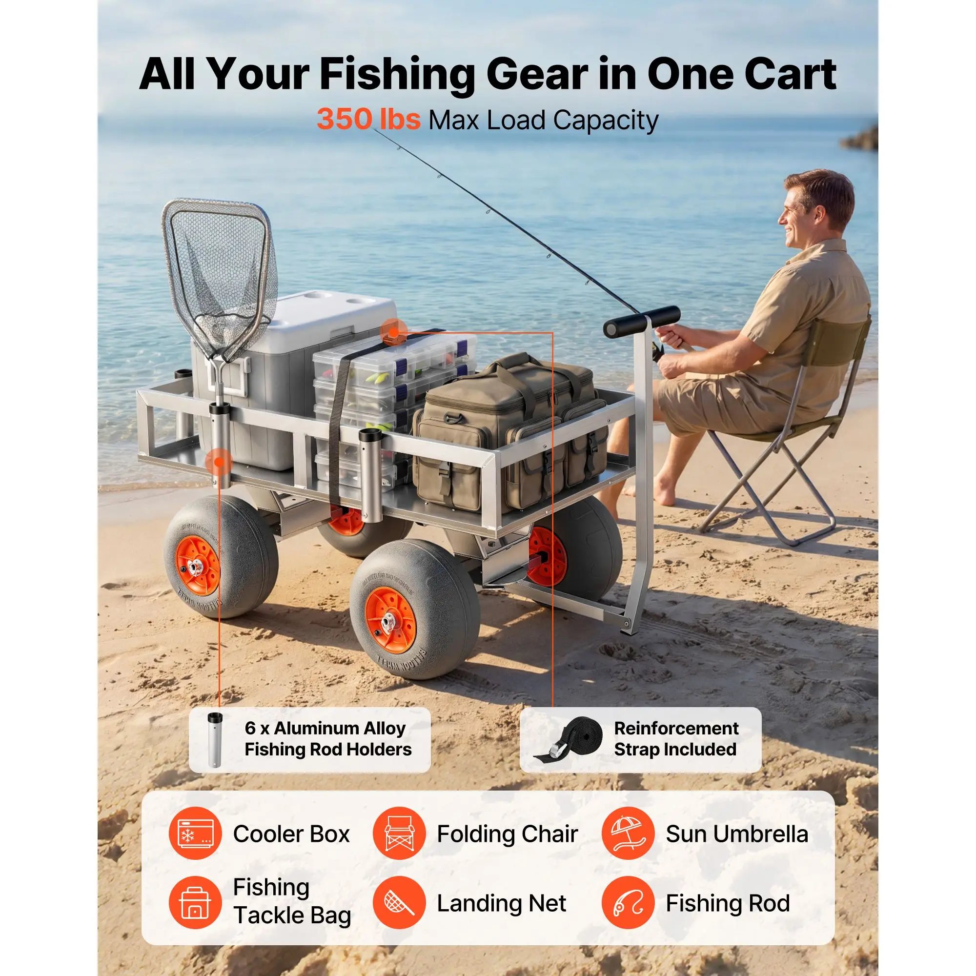 Beach Fishing Cart, 350 lbs Load Capacity, Foldable Fishing Cart with Heavy-Duty Aluminum Alloy Frame, 13-Inch All-Terrain PU Balloon Tires, 6 Rod Holders, for Outdoor Activities Camping Picnic
Beach Fishing Cart, 350 lbs Load Capacity, Foldable Fishing Cart with Heavy-Duty Aluminum Alloy Frame, 13-Inch All-Terrain PU Balloon Tires, 6 Rod Holders, for Outdoor Activities Camping Picnic