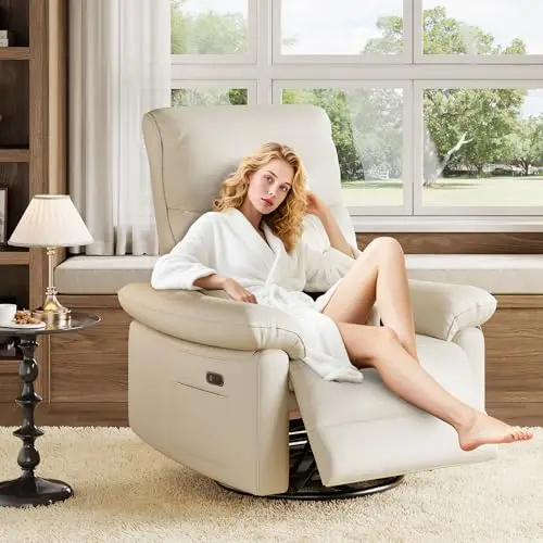 Beige PU Leather Electric Recliner Chair Featuring 270° Swivel, Rocking Glider Motion, USB Charging, Button-Tufted Backrest
Beige PU Leather Electric Recliner Chair Featuring 270° Swivel, Rocking Glider Motion, USB Charging, Button-Tufted Backrest