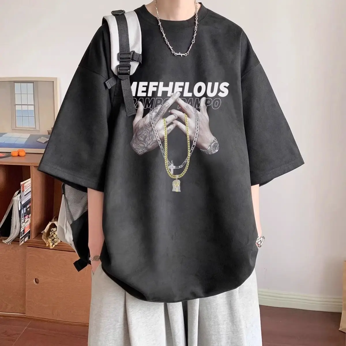American design round neck letter printed short-sleeved T-shirt for men in summer heavy imitation suede retro half-sleeve tops
American design round neck letter printed short-sleeved T-shirt for men in summer heavy imitation suede retro half-sleeve tops