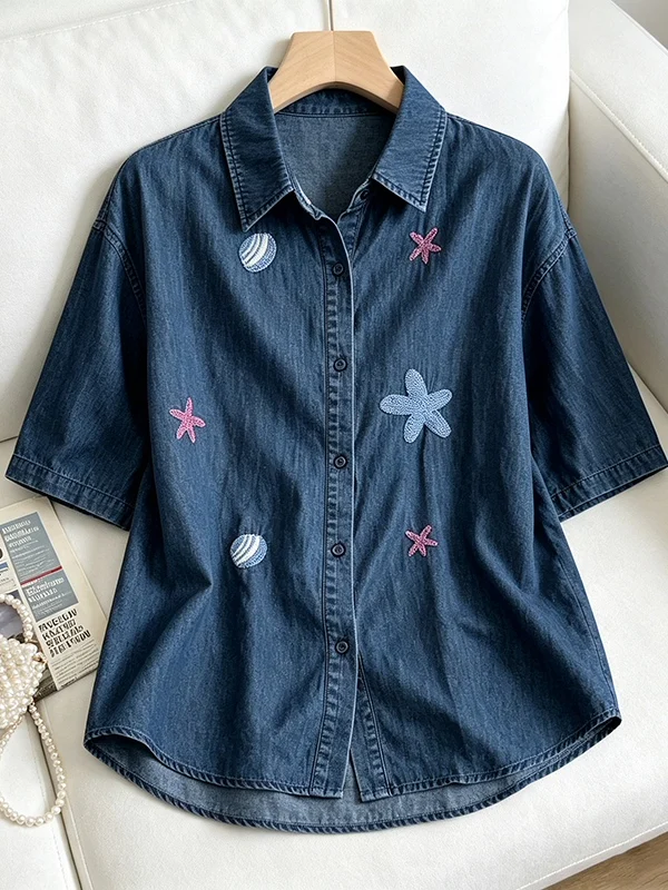 plus Size Women's Fashion Embroidered Denim Short Sleeve Shirt Thin Belly Covering Slimming Age Defying Top Korean Style Commute
plus Size Women's Fashion Embroidered Denim Short Sleeve Shirt Thin Belly Covering Slimming Age Defying Top Korean Style Commute