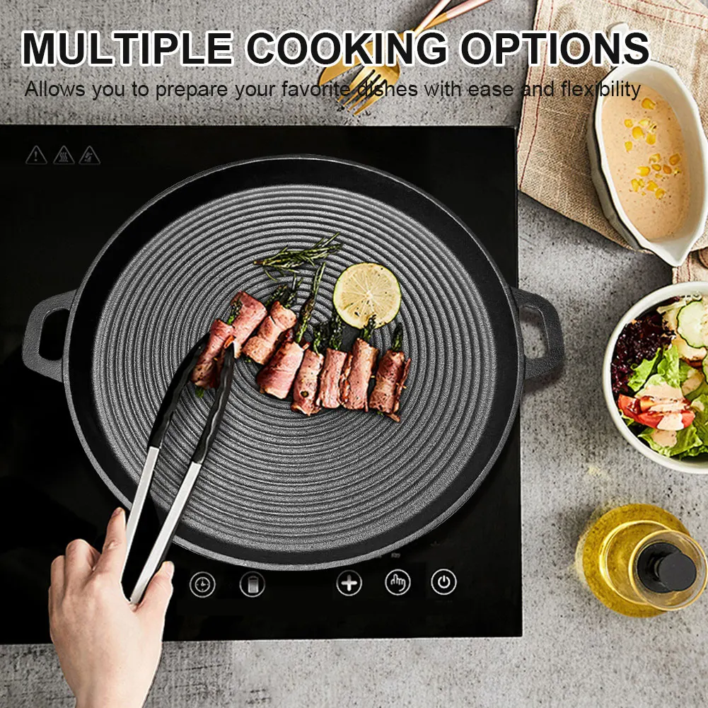 Чугунная сковорода-гриль 34 см, круглая сковорода с антипригарным покрытием и ручками для газовой плиты для дома, путешествий на открытом воздухе, кемпинга
Чугунная сковорода-гриль 34 см, круглая сковорода с антипригарным покрытием и ручками для газовой плиты для дома, путешествий на открытом воздухе, кемпинга