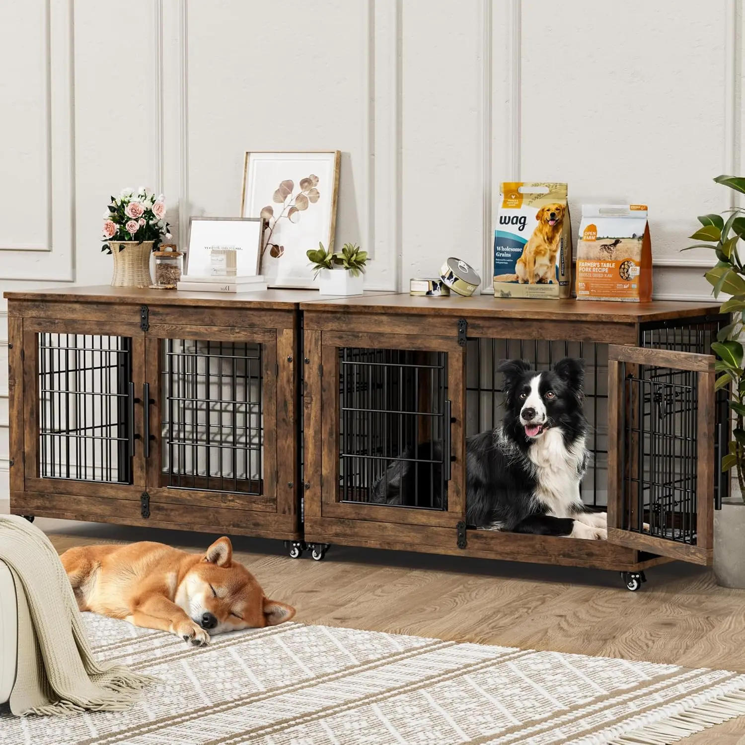 Dog Crate Furniture with Cushion Set of 2, Large Wooden Dog Kennel Indoor with Double Doors, Dog Cage with Wheels
Dog Crate Furniture with Cushion Set of 2, Large Wooden Dog Kennel Indoor with Double Doors, Dog Cage with Wheels