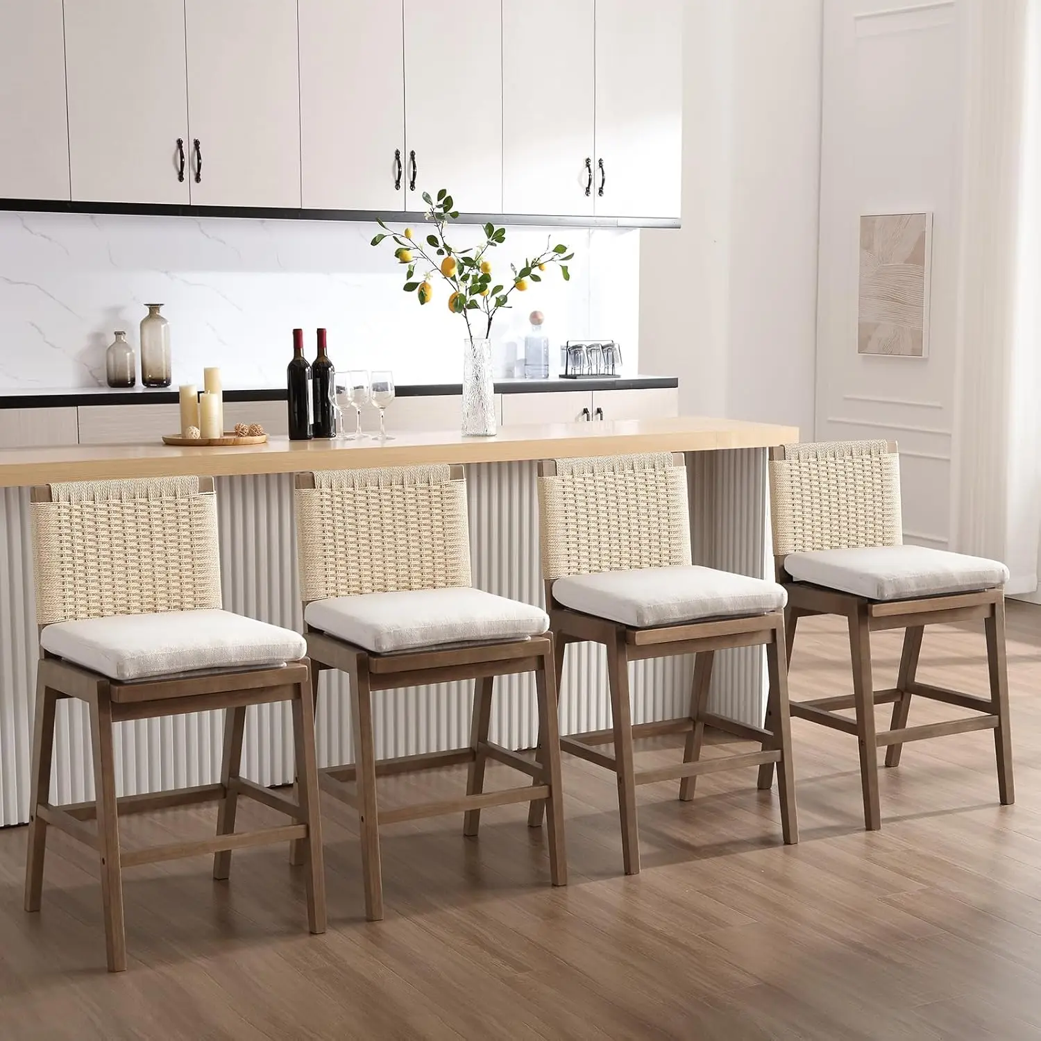 Mid Century Modern Counter Height Barstools Set of 4, 27” Linen Upholstered Counter Stools with Rope Woven Back, Customized
Mid Century Modern Counter Height Barstools Set of 4, 27” Linen Upholstered Counter Stools with Rope Woven Back, Customized