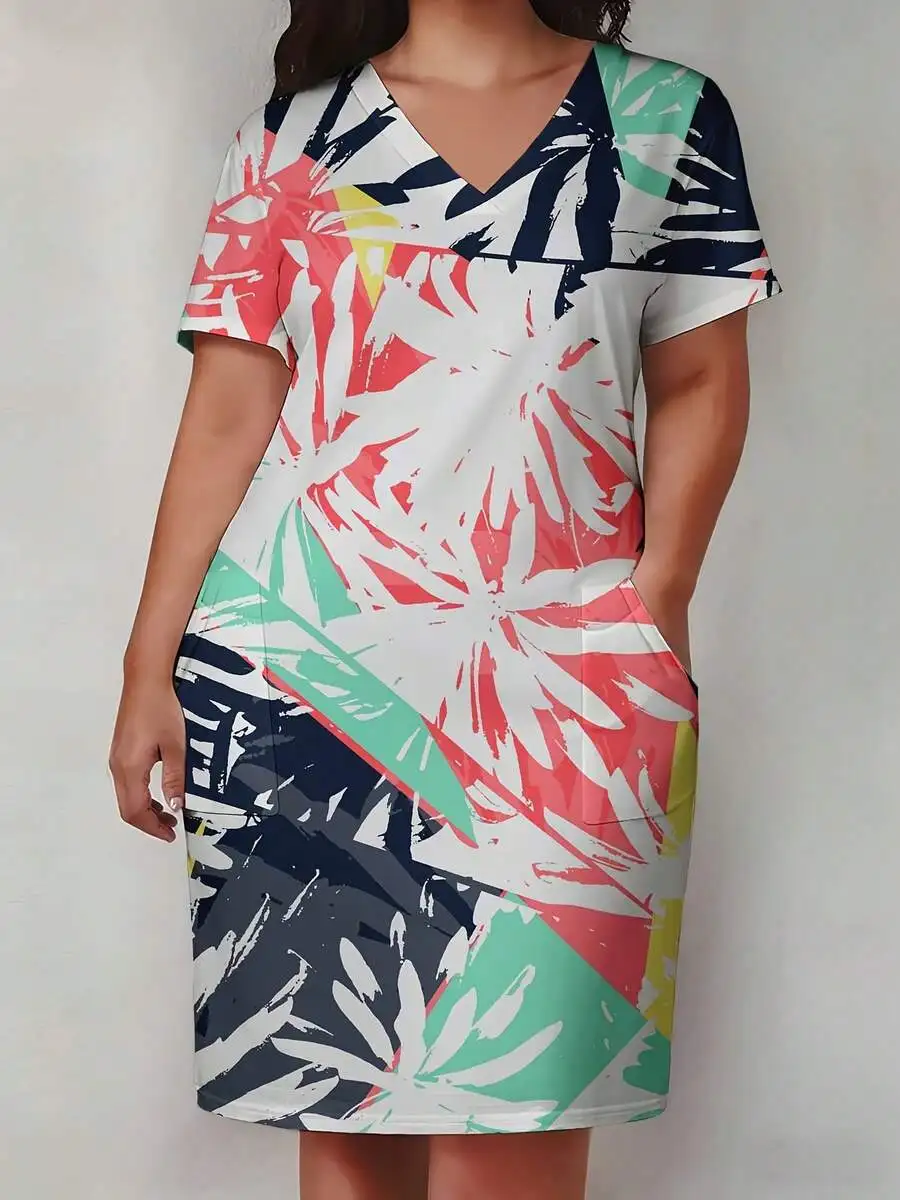 Plus Size Tropical Print V Neck Short Sleeve Shift Dress With Pockets Casual Summer Womens Dress
Plus Size Tropical Print V Neck Short Sleeve Shift Dress With Pockets Casual Summer Womens Dress