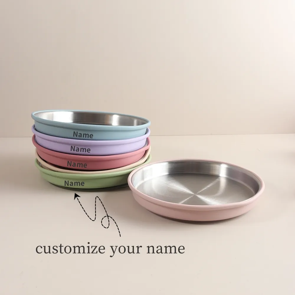 New Custom Name round plate suction tableware silicone stainless steel for Toddlers baby silicone training plate
New Custom Name round plate suction tableware silicone stainless steel for Toddlers baby silicone training plate