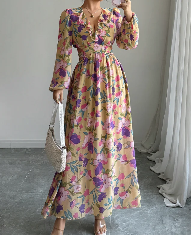 Elegant Temperament Flower Print V-Neck Dress for Summer Slim Fit with Bubble Sleeves, Elegant High Waisted Dress for Ladies
Elegant Temperament Flower Print V-Neck Dress for Summer Slim Fit with Bubble Sleeves, Elegant High Waisted Dress for Ladies