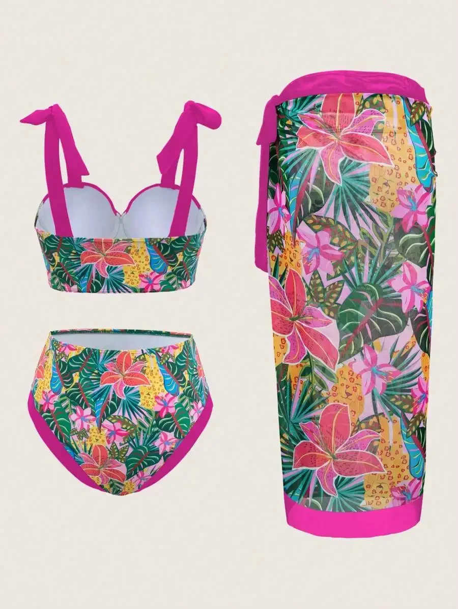 Tropical Floral Print Womens Bikini Set With Sarong Cover Up
Tropical Floral Print Womens Bikini Set With Sarong Cover Up