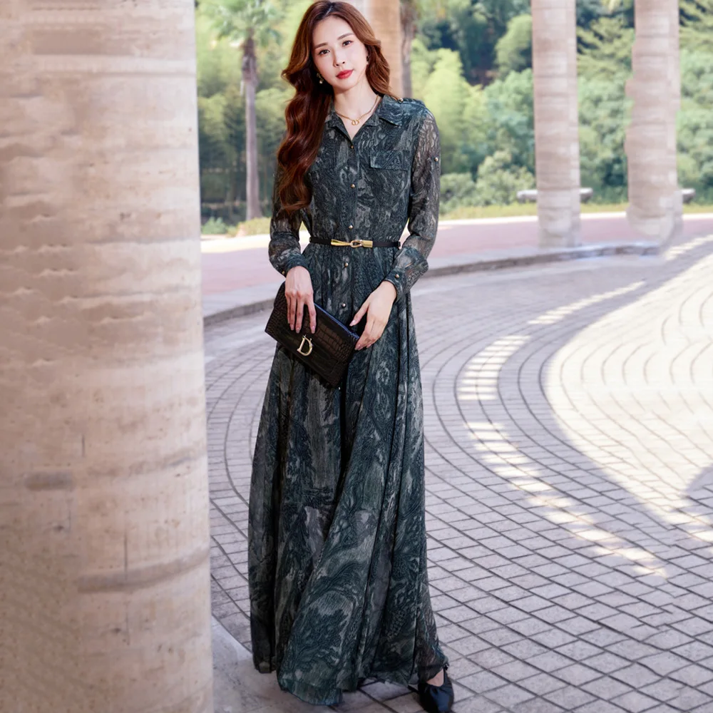 New Women Spring Summer Chiffon Dress Fashion Turn-down Collar Long Sleeve Slim Waist Print Dress Elegant Print Long Dress
New Women Spring Summer Chiffon Dress Fashion Turn-down Collar Long Sleeve Slim Waist Print Dress Elegant Print Long Dress