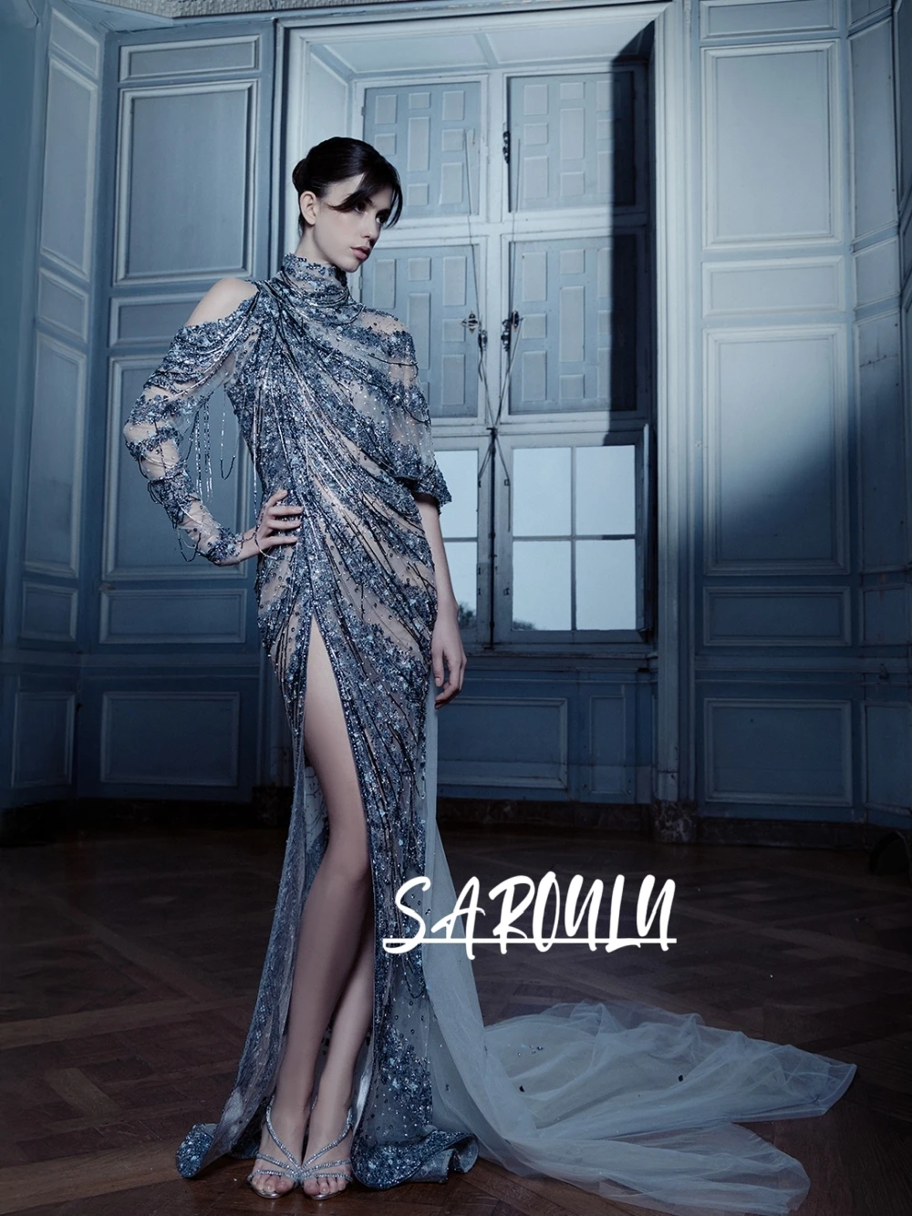 Sophisticated Beaded Chains Blue Sparkly Evening Dress Off Shoulder Long Sleeve Sheer Formal Prom Party Gown With High Slit
Sophisticated Beaded Chains Blue Sparkly Evening Dress Off Shoulder Long Sleeve Sheer Formal Prom Party Gown With High Slit