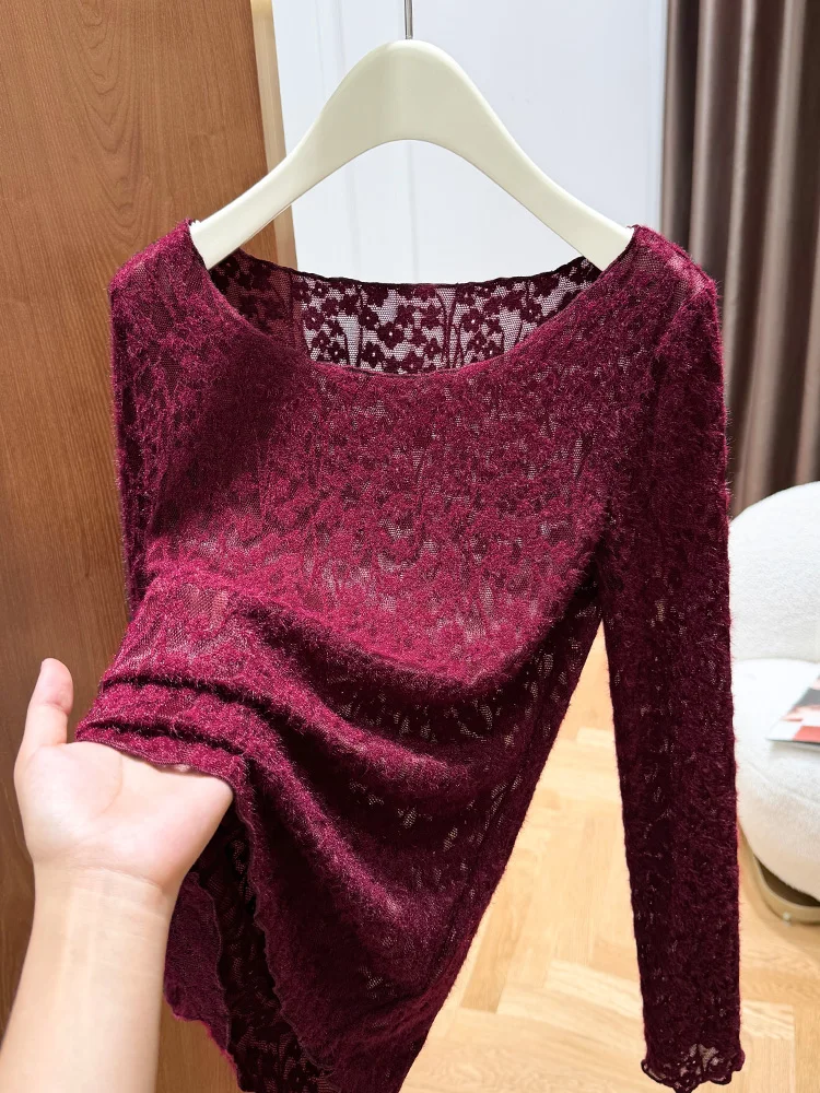 Sexy Slim Fit round Ne Lace Base irt Women's Inner Wear Red Faionable Brued Patterned Lace Long Sve Commute Sle
Sexy Slim Fit round Ne Lace Base irt Women's Inner Wear Red Faionable Brued Patterned Lace Long Sve Commute Sle