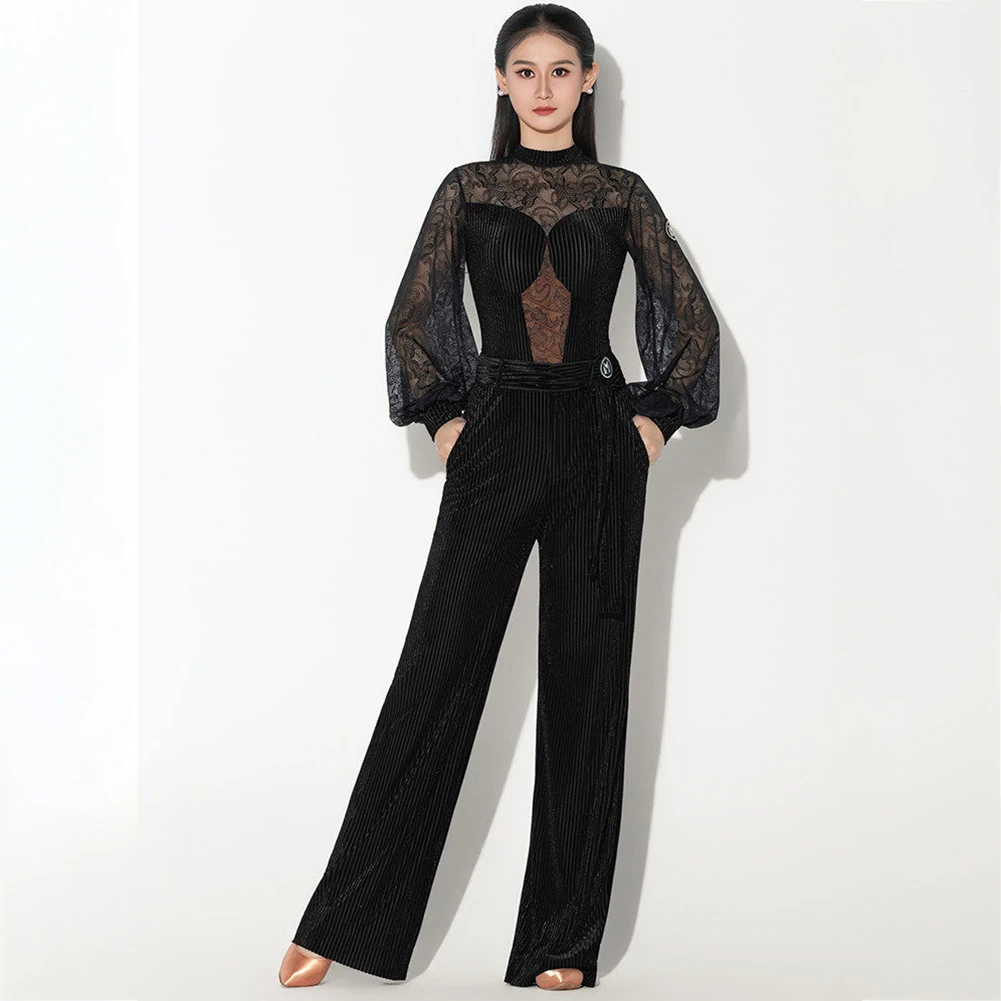 Кружевной вальс, темно-синий костюм, сценические брюки с длинными рукавами для соревнований, женский комплект для современного танца, топ с воротником для танцевальной практики, брюки
Кружевной вальс, темно-синий костюм, сценические брюки с длинными рукавами для соревнований, женский комплект для современного танца, топ с воротником для танцевальной практики, брюки