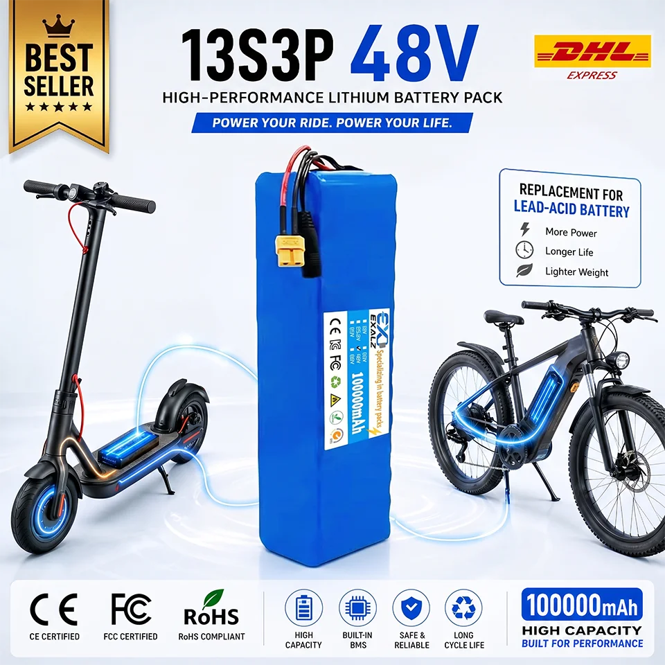 48V Electric Scooter Battery 13S3P 100Ah 18650 Rechargeable Lithium Pack for E-Bike 1000W Motor BMS + 54.6V Charger
48V Electric Scooter Battery 13S3P 100Ah 18650 Rechargeable Lithium Pack for E-Bike 1000W Motor BMS + 54.6V Charger