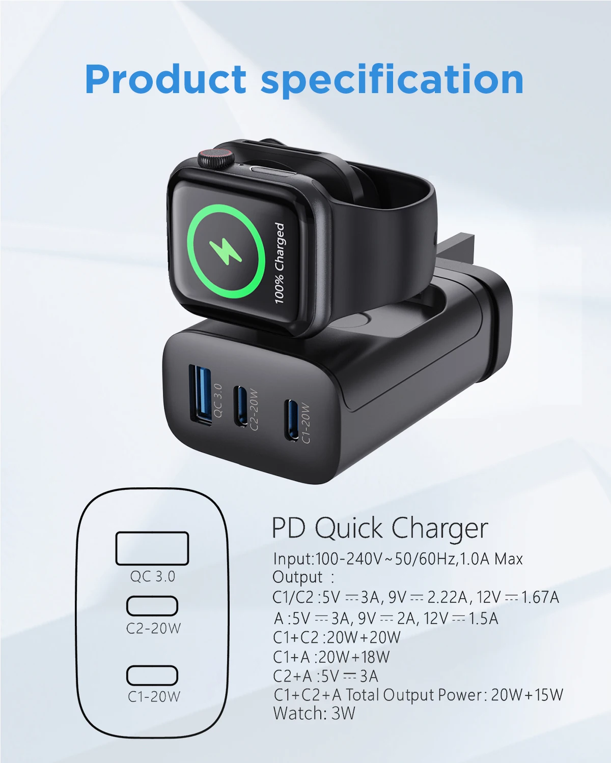 New 43W QC3.0 charger with Iwatch Quick charging station type-c charger Multi-port USB mobile phone Convenient charger
New 43W QC3.0 charger with Iwatch Quick charging station type-c charger Multi-port USB mobile phone Convenient charger