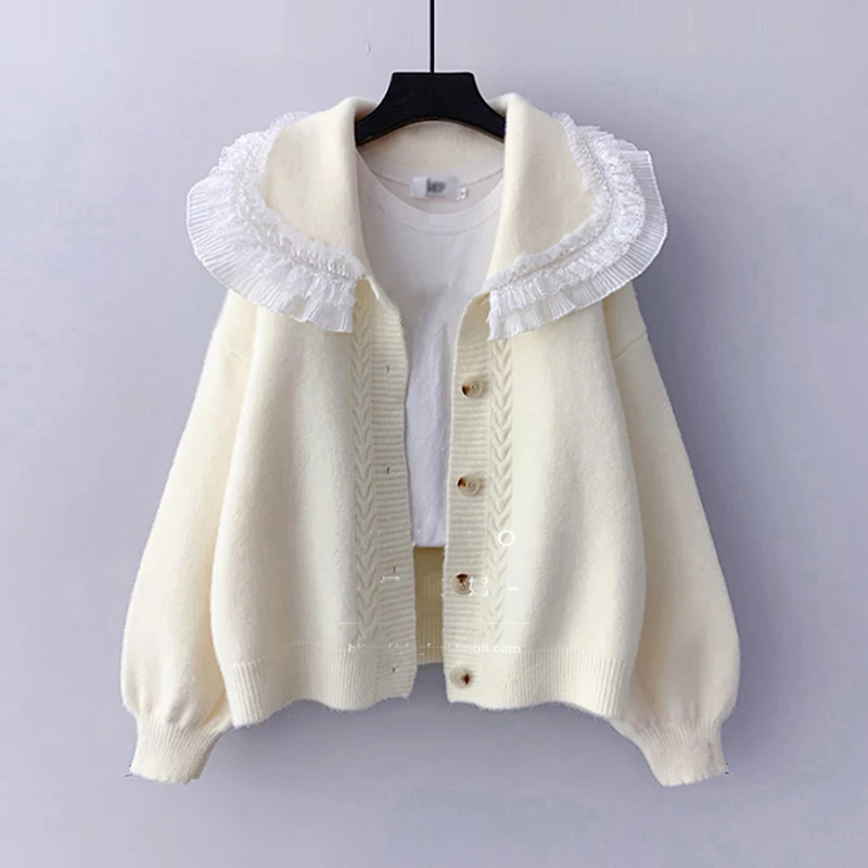 Autumn Winter Knit Female Cardigan Lace Turn Down Collar Sweater Women's jacket Loose Elegant Ladys Cardigan Pull Femme Top
Autumn Winter Knit Female Cardigan Lace Turn Down Collar Sweater Women's jacket Loose Elegant Ladys Cardigan Pull Femme Top
