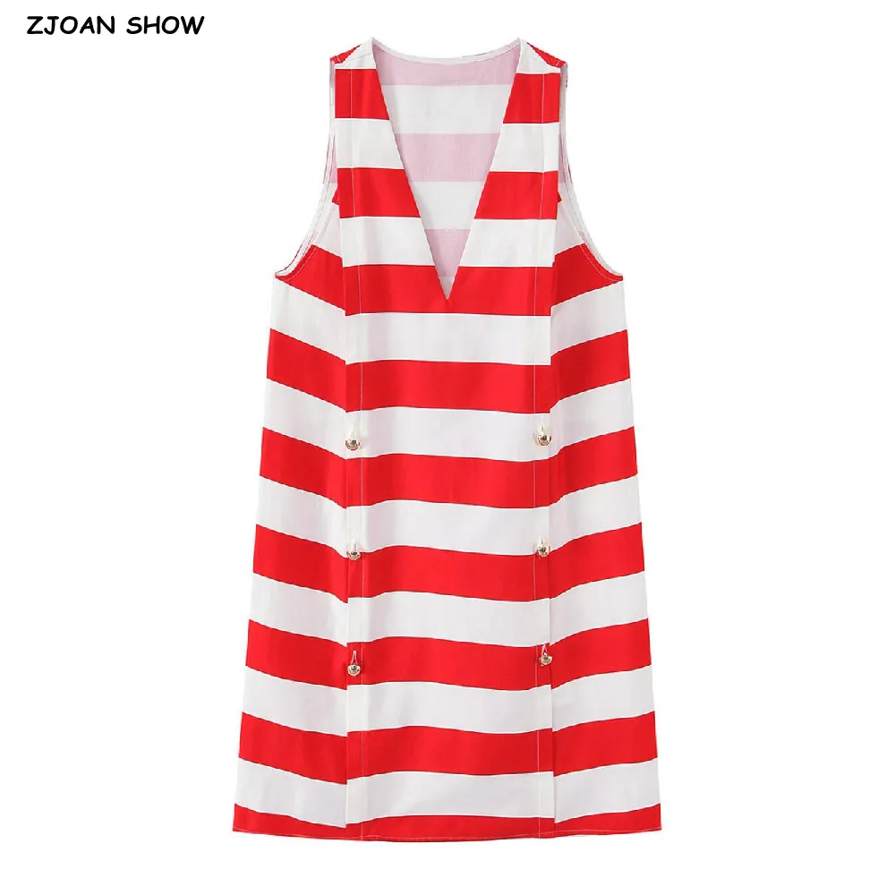 Fashion Red White Horizontal Stripes Sleeveless Dress Women V neck Front Double-Breasted Buttons Short Tank Dresses Robe Vestido
Fashion Red White Horizontal Stripes Sleeveless Dress Women V neck Front Double-Breasted Buttons Short Tank Dresses Robe Vestido