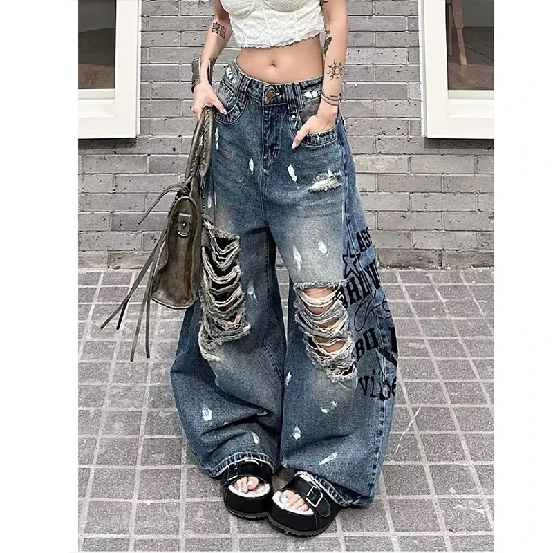 American style letter print ink splatter ripped hole street jeans spicy girl new versatile wide leg floor length pants
American style letter print ink splatter ripped hole street jeans spicy girl new versatile wide leg floor length pants