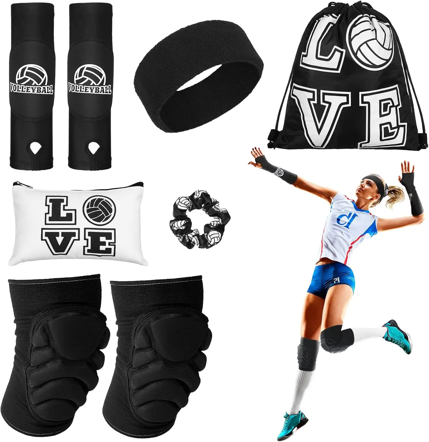 8 Pcs Volleyball Accessories,Include Volleyball Arm Sleeves Knee Pads Sport Hair Scrunchies Sweat Band Drawstring Bag Cosmetic Bag Wrist Guard Knee Brace
8 Pcs Volleyball Accessories,Include Volleyball Arm Sleeves Knee Pads Sport Hair Scrunchies Sweat Band Drawstring Bag Cosmetic Bag Wrist Guard Knee Brace
