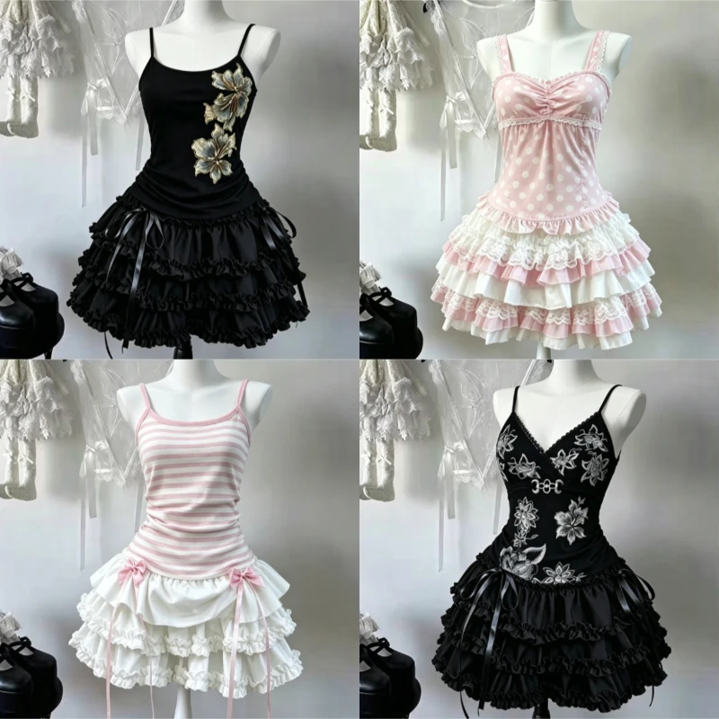 Street Style Two Piece Suits Female Harajuku Y2K Punk Lace Patchwork Sling Blouse Ruffled Tiered Cake Skirt Daily Outfits
Street Style Two Piece Suits Female Harajuku Y2K Punk Lace Patchwork Sling Blouse Ruffled Tiered Cake Skirt Daily Outfits