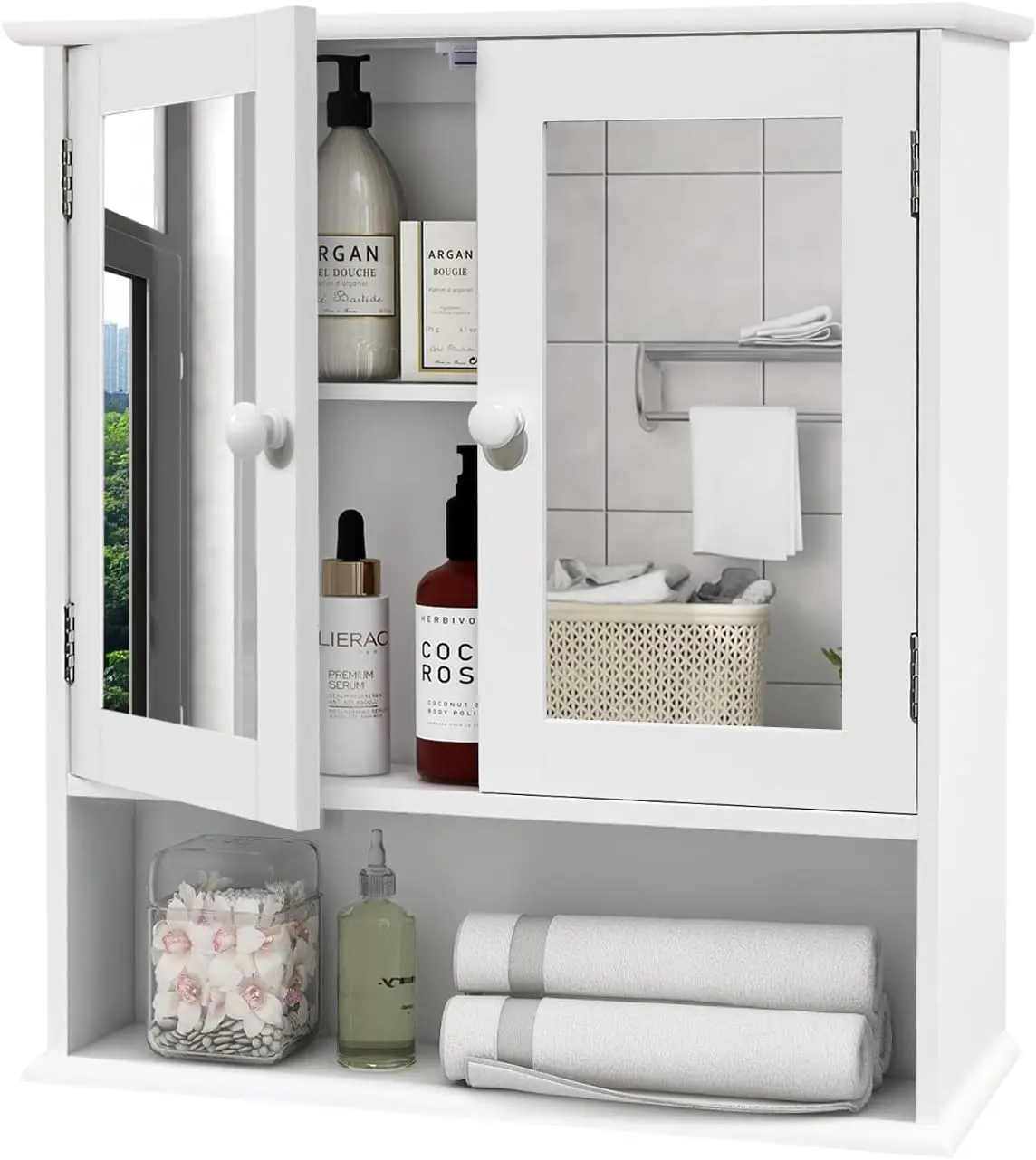Mirrored Medicine Cabinet, Wall Mounted Bathroom Storage with 2 Doors & 3 Open Shelves, Over Toilet Organizer, 20.1x5.1x22.8 Inches
Mirrored Medicine Cabinet, Wall Mounted Bathroom Storage with 2 Doors & 3 Open Shelves, Over Toilet Organizer, 20.1x5.1x22.8 Inches