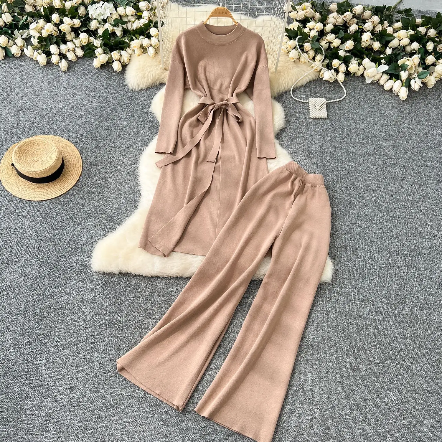 Two Pieces Women Knitted Pant Sets Solid Matching Sets Lace Up Side Slit Round Neck Pullover Sweater Wide Leg Pants 2025 Autumn
Two Pieces Women Knitted Pant Sets Solid Matching Sets Lace Up Side Slit Round Neck Pullover Sweater Wide Leg Pants 2025 Autumn