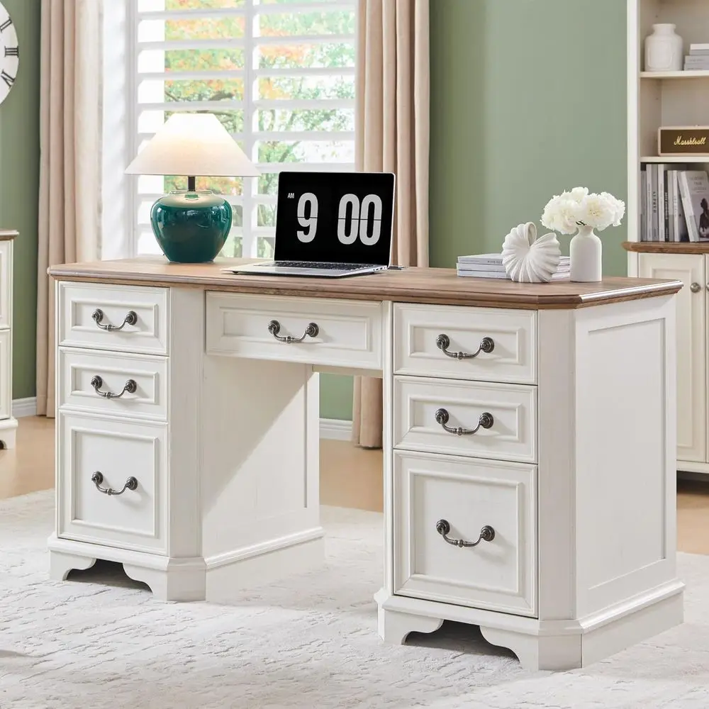 Antique White 59 Executive Desk with Drawers, Keyboard Tray, Charging Station, File Drawer, and Storage Cabinet for Home Office
Antique White 59 Executive Desk with Drawers, Keyboard Tray, Charging Station, File Drawer, and Storage Cabinet for Home Office