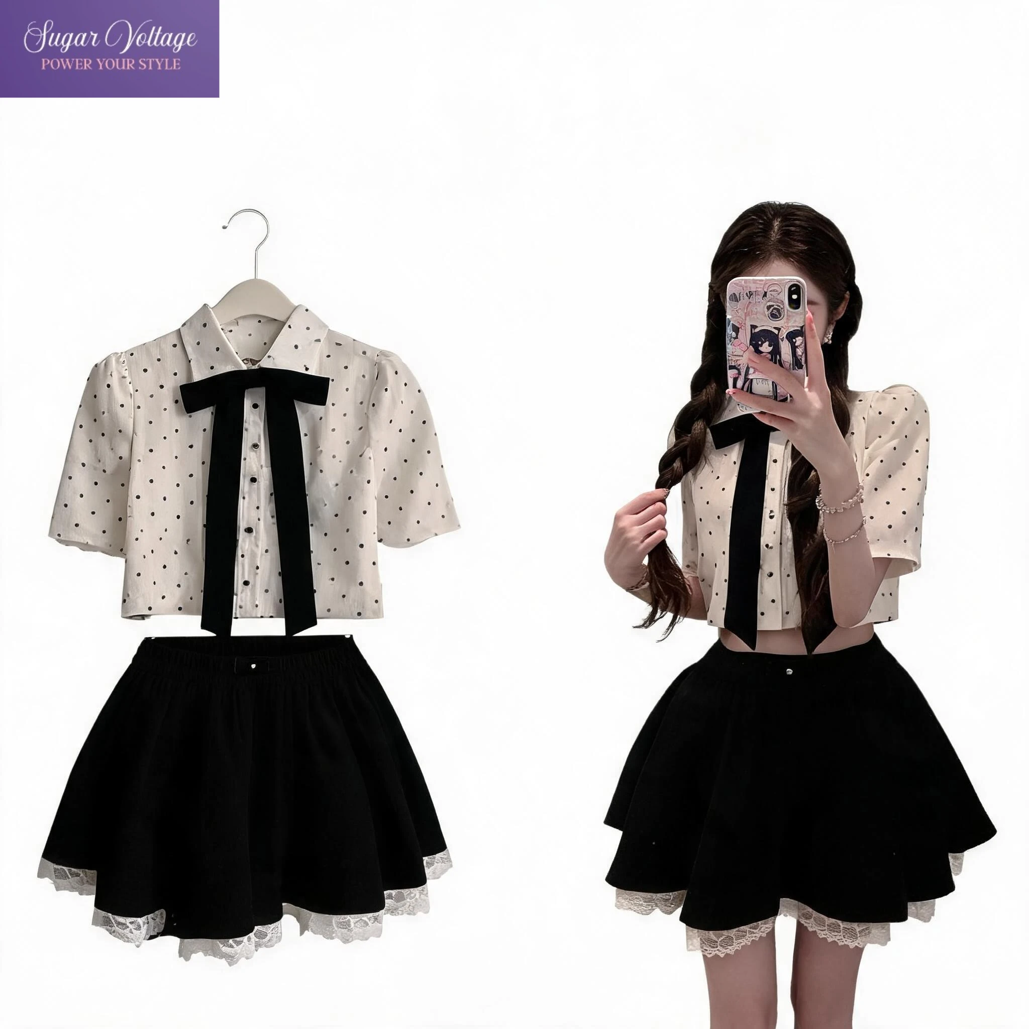 Sweet Gentle Korean Women 2 Piece Sets Puff Sleeve Polka Dot Bow Polo Neck Crop Top High Waist Lace Mini Skirt Summer Clothes
Sweet Gentle Korean Women 2 Piece Sets Puff Sleeve Polka Dot Bow Polo Neck Crop Top High Waist Lace Mini Skirt Summer Clothes