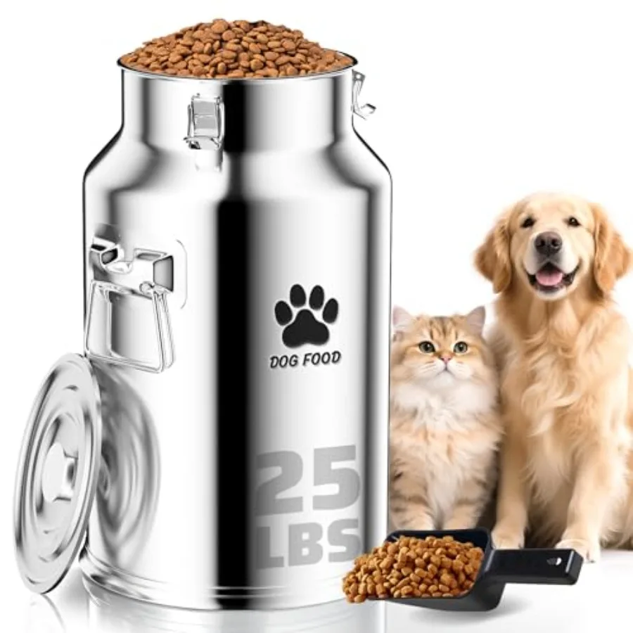 25Lbs pet food storage container for dogs and cats, metal construction, silver color, airtight sealed lid and included spoon fo
25Lbs pet food storage container for dogs and cats, metal construction, silver color, airtight sealed lid and included spoon fo